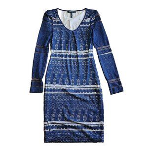BCBGMAXAZRIA Solid All Blue Lace‎ Overlay Long Sleeve Dress Womens Size XS